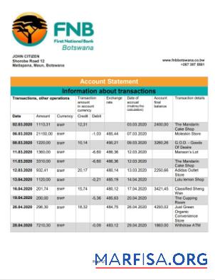 Downloadable Botswana First National bank statement example